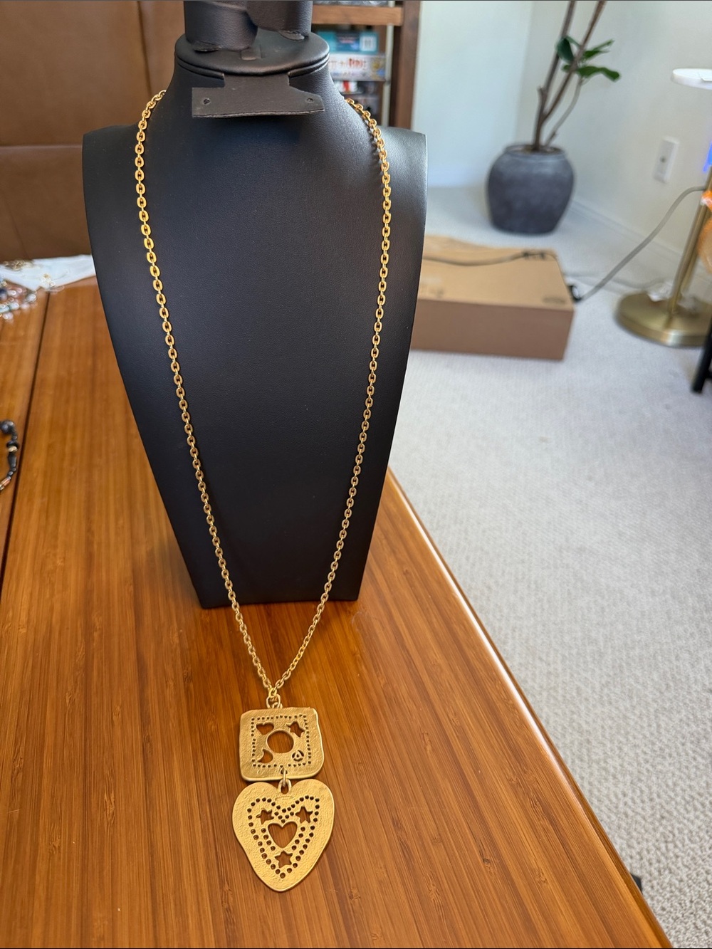 Avon Gold-Tone Heart & Square Pendant Long Necklace